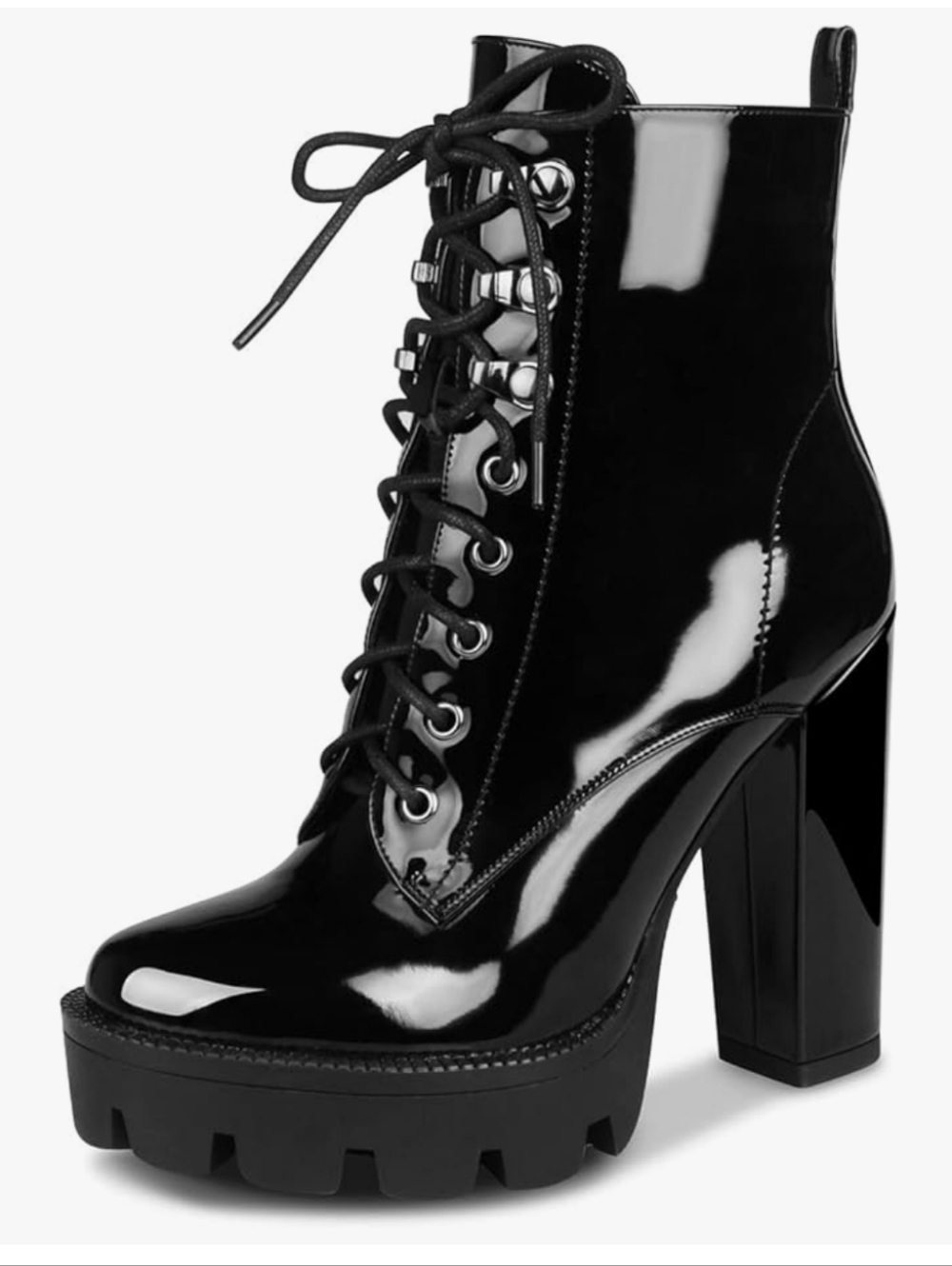 Patent Leather Lace-Up Platform Ankle Boot - Black goth vinyl